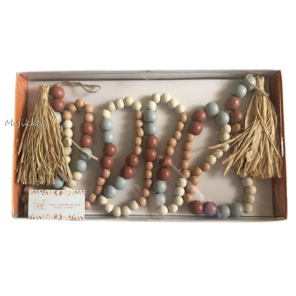 The Farmhouse Wooden Beads Jute Straw Tassels 6 Foot Garland Neutral Beige Cream